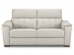 Front view of the cream leather sofa showing two seat cushions and stitched backrests