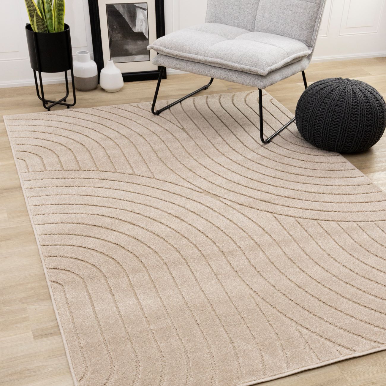 Golden Dunes 6'7" x 9'6" Modern Curved Arches Design Area Rug - Beige
