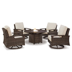 Paradise Trail - 5-Piece Outdoor Fire Pit Table and Swivel Chair Set - Medium Brown