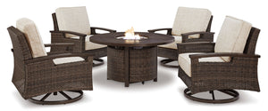 Paradise Trail - 5-Piece Outdoor Fire Pit Table and Swivel Chair Set - Medium Brown