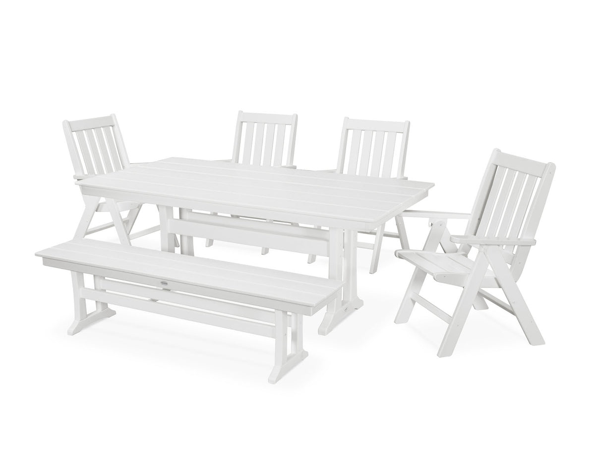 POLYWOOD® Vineyard 6-Piece Farmhouse Folding Dining Set with Bench - White