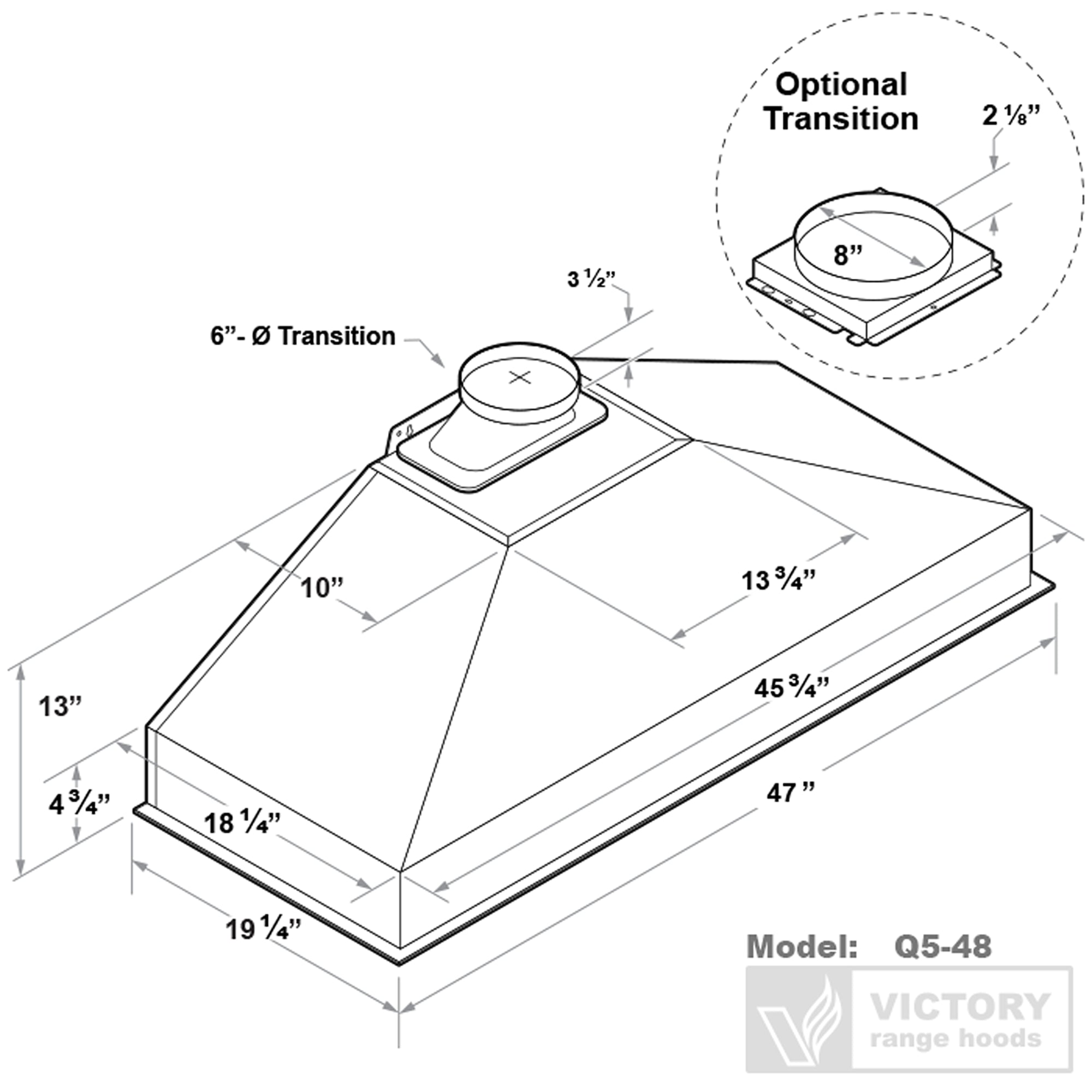 VICTORY Stainless Steel 48-Inch 750 CFM Insert Range Hood - Q5-48