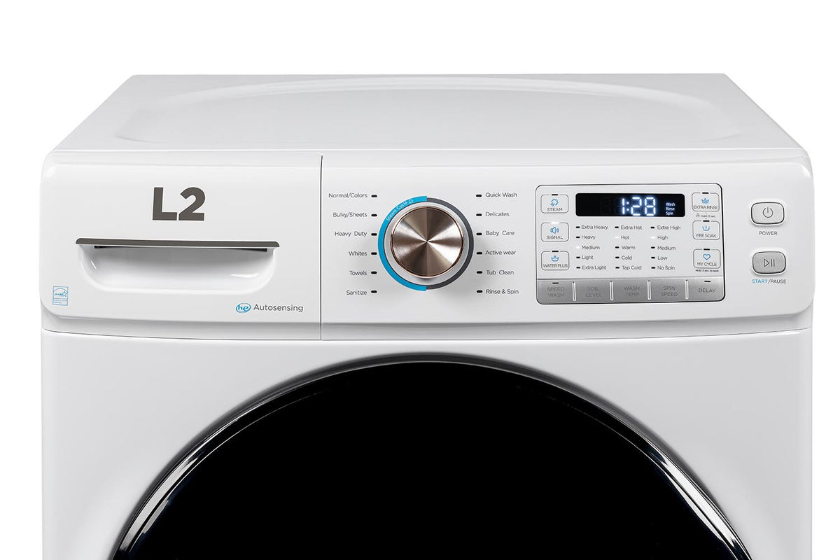 L2 White Front Load Washer (5.2 Cu. Ft) & White Electric Dryer (8.0 Cu