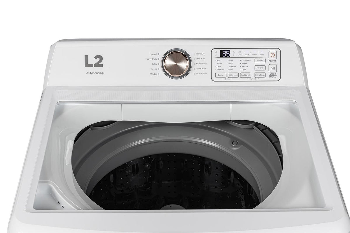 L2 White Top Load Washer (5.2 Cu. Ft) & White Electric Dryer (7.5 Cu