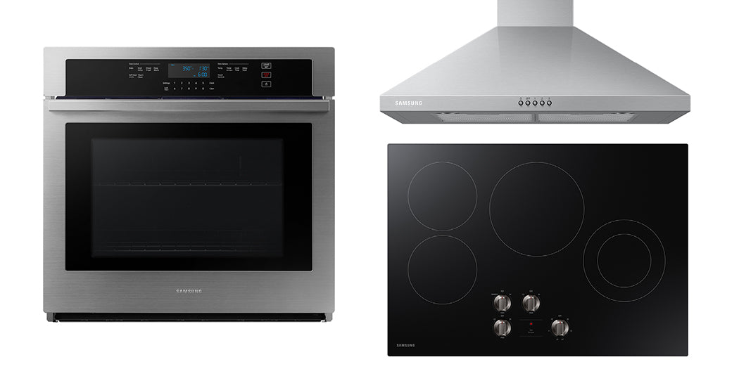Samsung 5000 Series Stainless Steel Kitchen Package with Wall Oven, Electric Cooktop, and Hood Fan