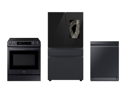 Samsung Black Stainless Steel Kitchen Package with Bespoke Family Hub Fridge, Induction Range, and Dishwasher