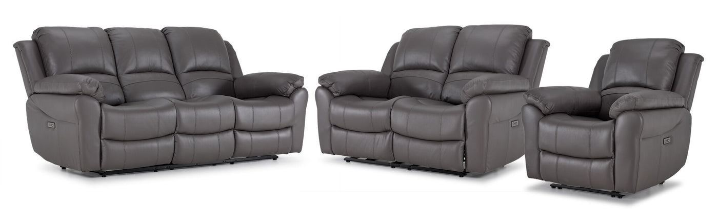 Alba Leather Dual Power Reclining Sofa, Loveseat and Chair Set - Grey