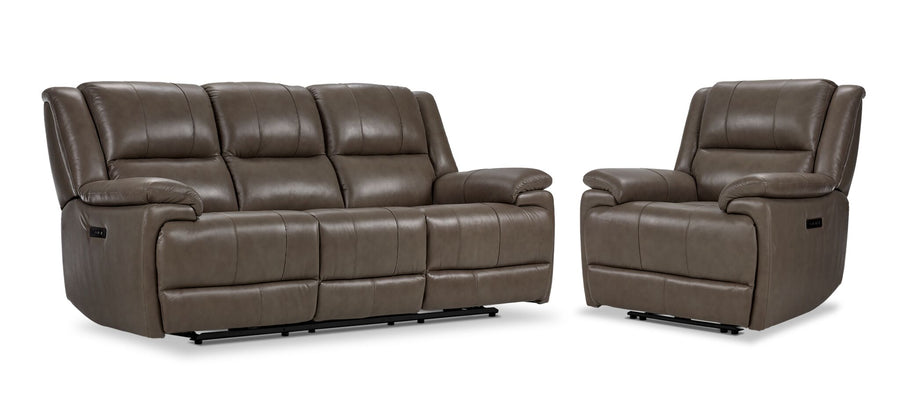 Allie Leather Dual Power Reclining Sofa and Recliner Set - Mocha