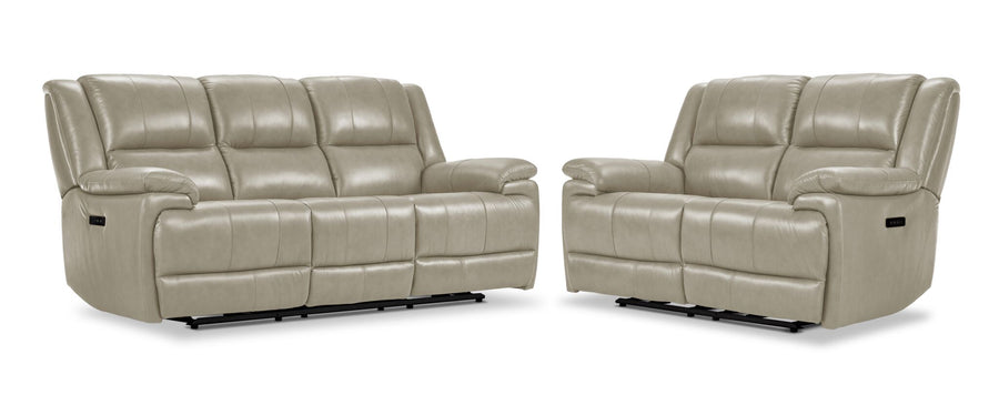 Allie Leather Dual Power Reclining Sofa and Loveseat Set - Fog