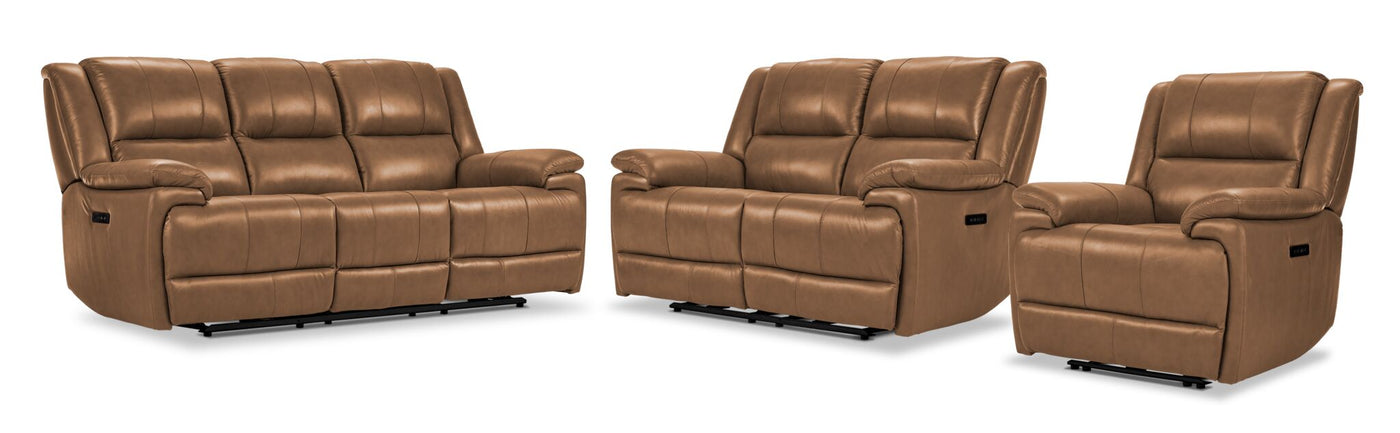 Allie Leather Dual Power Reclining Sofa, Loveseat and Recliner Set -Canyon