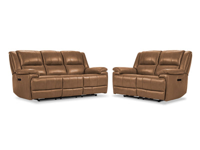 Allie Leather Dual Power Reclining Sofa and Loveseat Set - Canyon