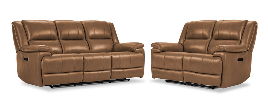 Allie Leather Dual Power Reclining Sofa and Loveseat Set - Canyon
