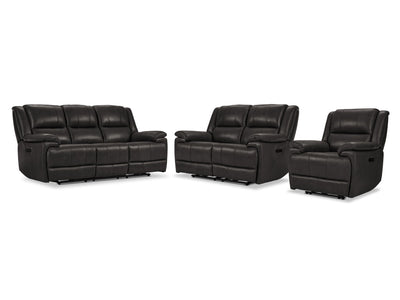 Allie Leather Dual Power Reclining Sofa, Loveseat and Recliner Set - Granite