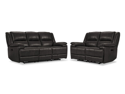 Allie Leather Dual Power Reclining Sofa and Loveseat Set - Granite