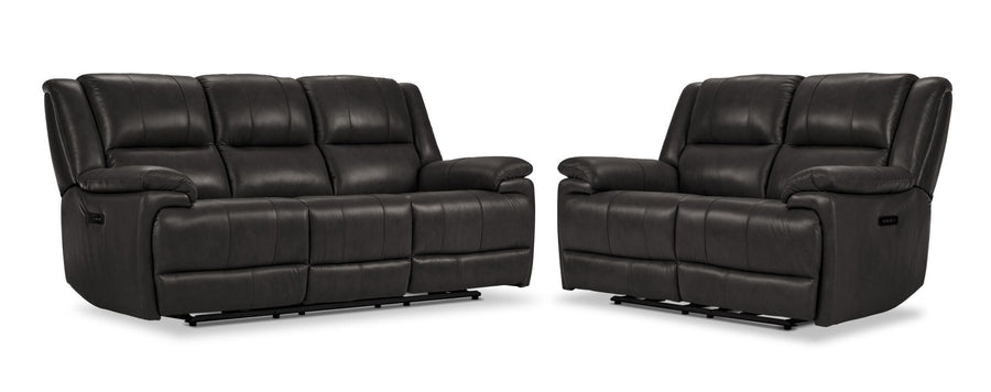 Allie Leather Dual Power Reclining Sofa and Loveseat Set - Granite