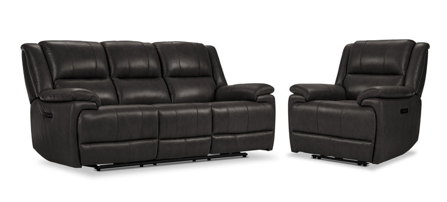 Allie Leather Dual Power Reclining Sofa and Recliner Set - Granite