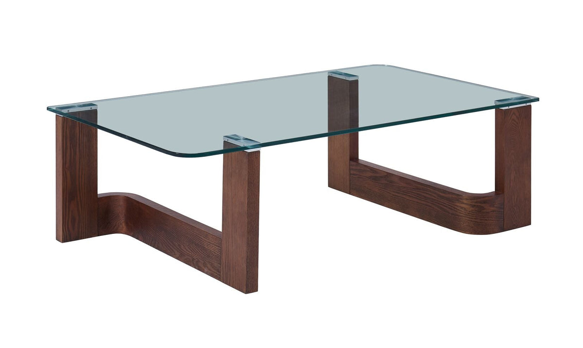 Anabelle 52" Coffee Table - Brandy with clear glass top and curved wood base in a warm brown finish