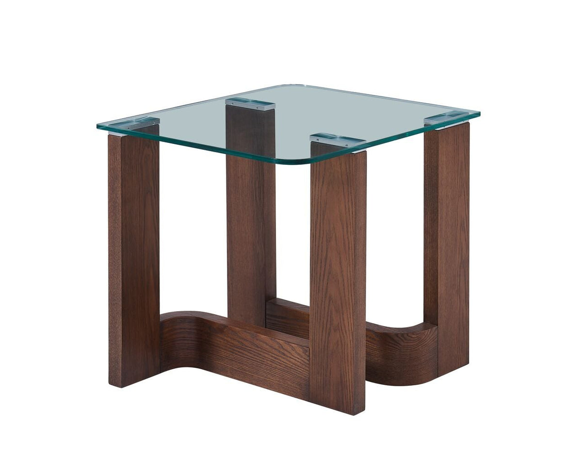 Anabelle 22" End Table - Brandy with clear glass top and sculpted wood base in a warm brown finish