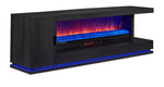 Arden 90" Fireplace TV Console - Washed Charcoal, angled view with orange flames and blue accent lighting