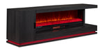 Arden 90" Fireplace TV Console - Washed Charcoal, angled view with red crystal bed and red base lighting