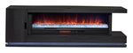 Arden 90" Fireplace TV Console - Washed Charcoal, front view with glowing fireplace and cool white base lighting