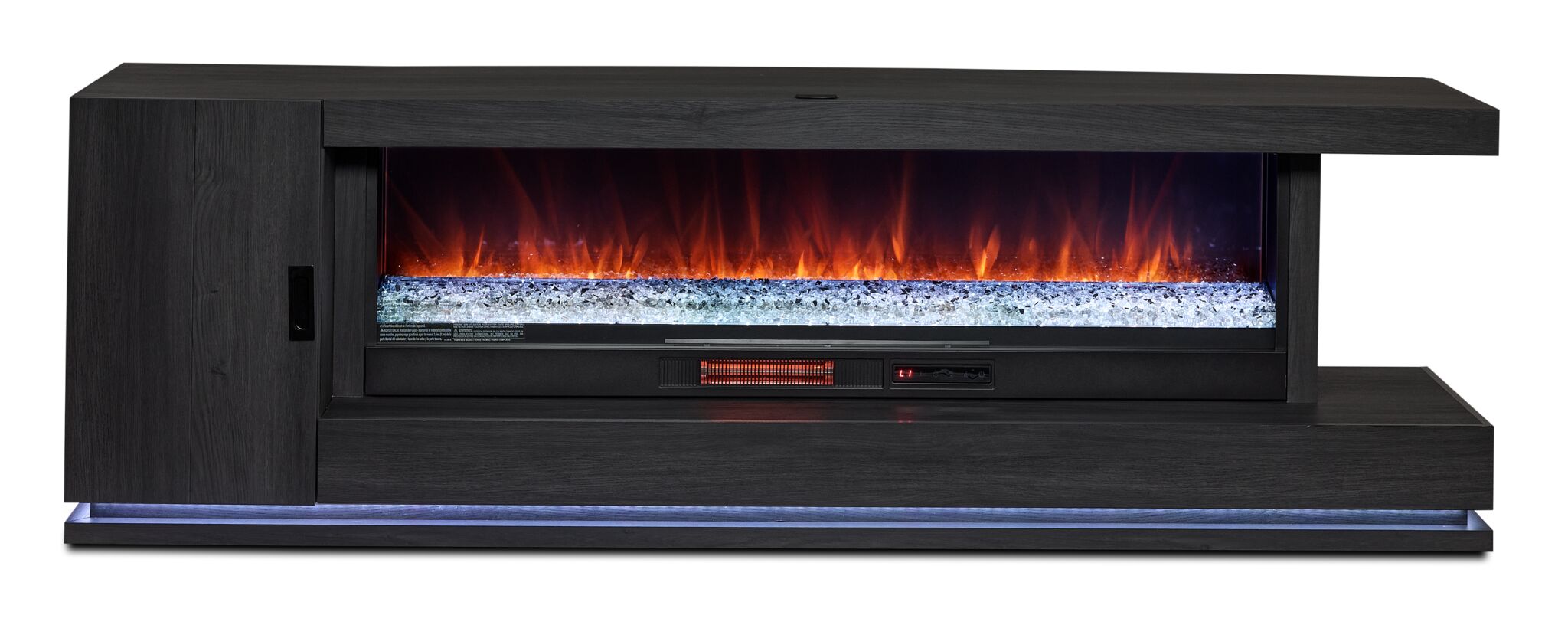 Arden 90" Fireplace TV Console - Washed Charcoal, front view with glowing fireplace and cool white base lighting