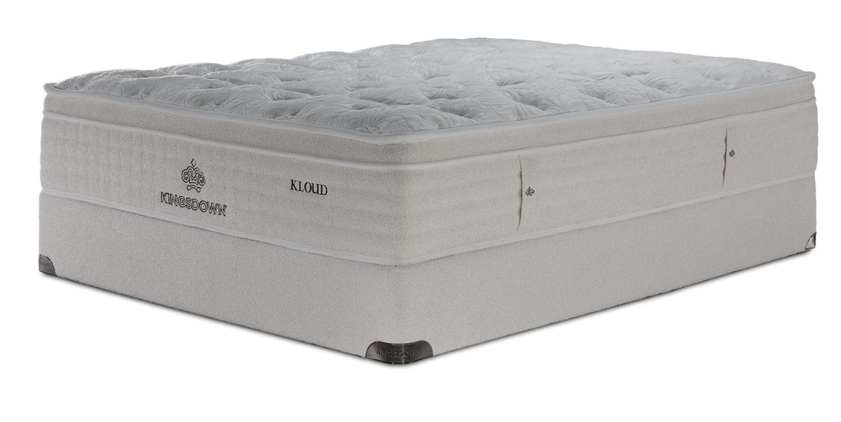 Kingsdown Atmosphere Firm Euro Top Queen Mattress and Boxspring Set with quilted top and beige finish.