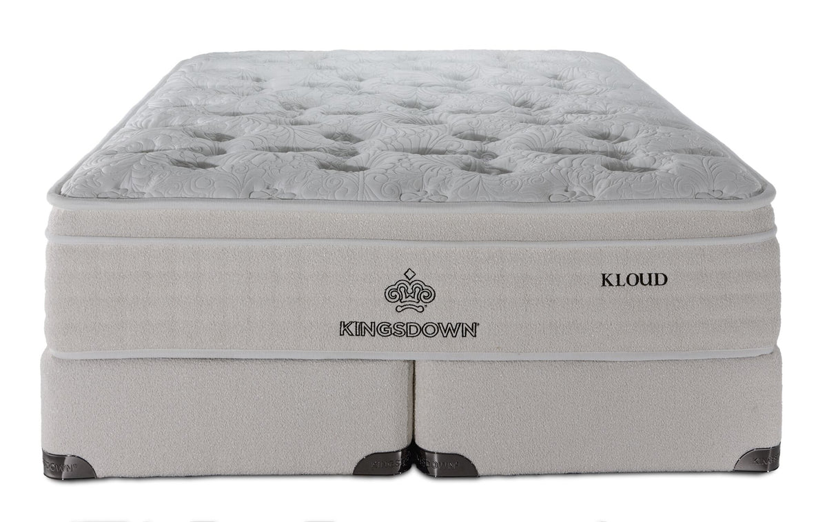Front view of Kingsdown Atmosphere Firm Euro Top Queen Mattress and Split Boxspring Set with beige finish.