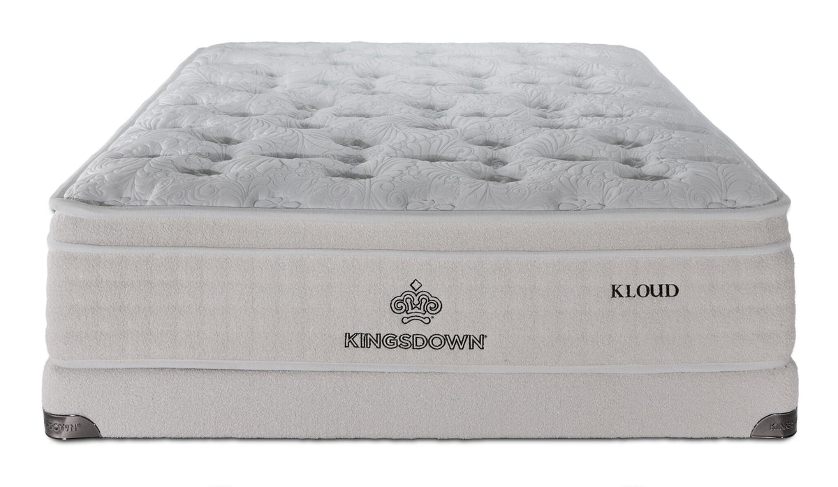 Front view of Kingsdown Atmosphere Firm Euro Top Full Mattress and Low Profile Boxspring Set in beige.