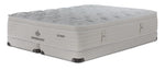Three-quarter view of Kingsdown Atmosphere Firm Euro Top Queen Mattress with split low profile boxspring set in beige.