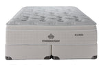 Front view of Kingsdown Atmosphere Plush Euro Top Queen mattress on matching beige split boxsprings
