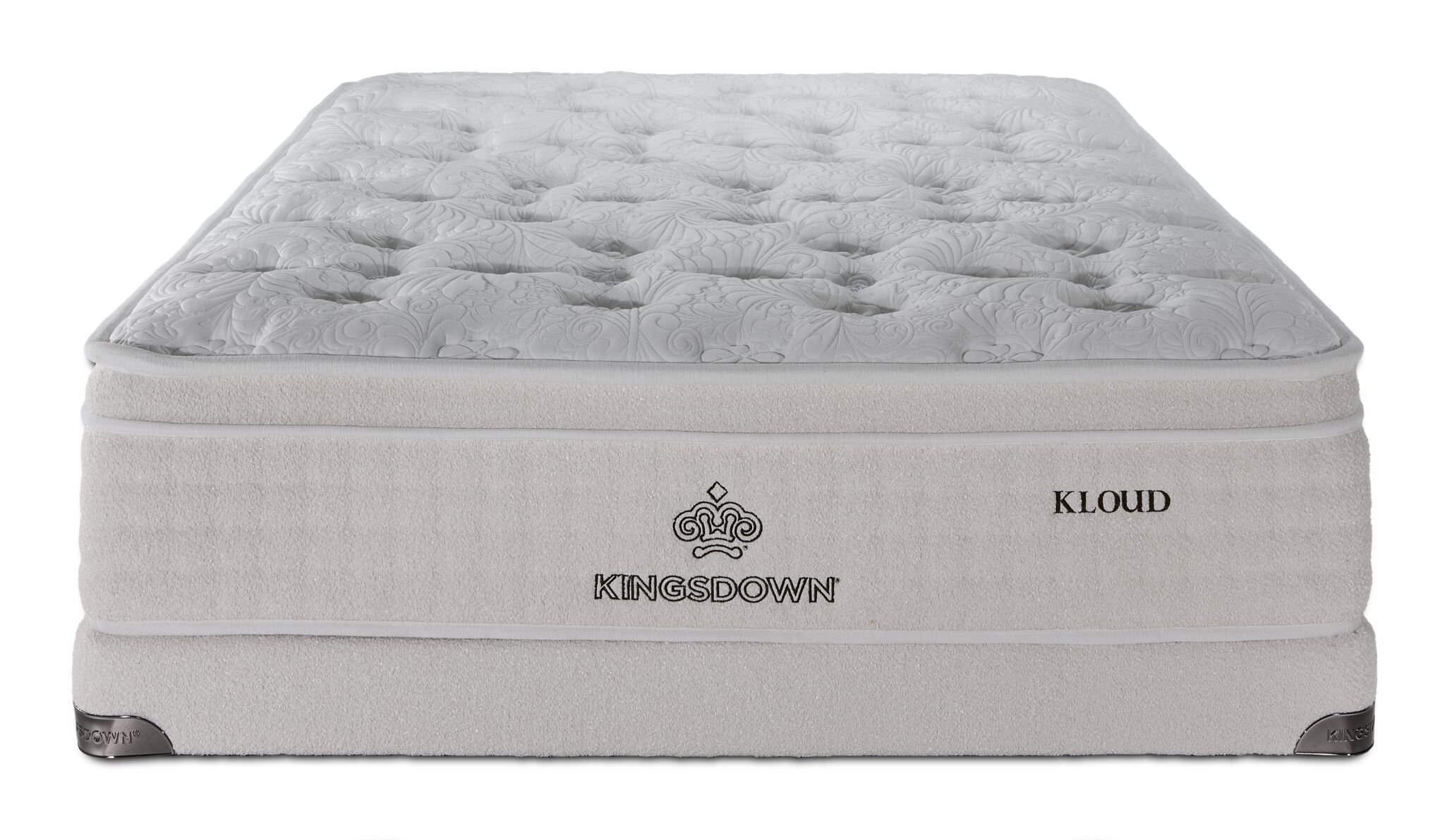 Front view of Kingsdown Atmosphere Plush Euro Top Queen mattress on matching low profile boxspring