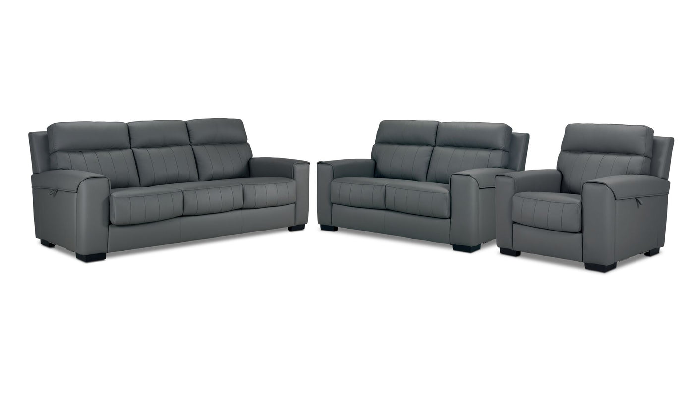 Benevento Leather Sofa, Loveseat and Chair - Steel