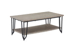 Bennet rustic oak coffee table angled view with black metal legs and full-length lower storage shelf