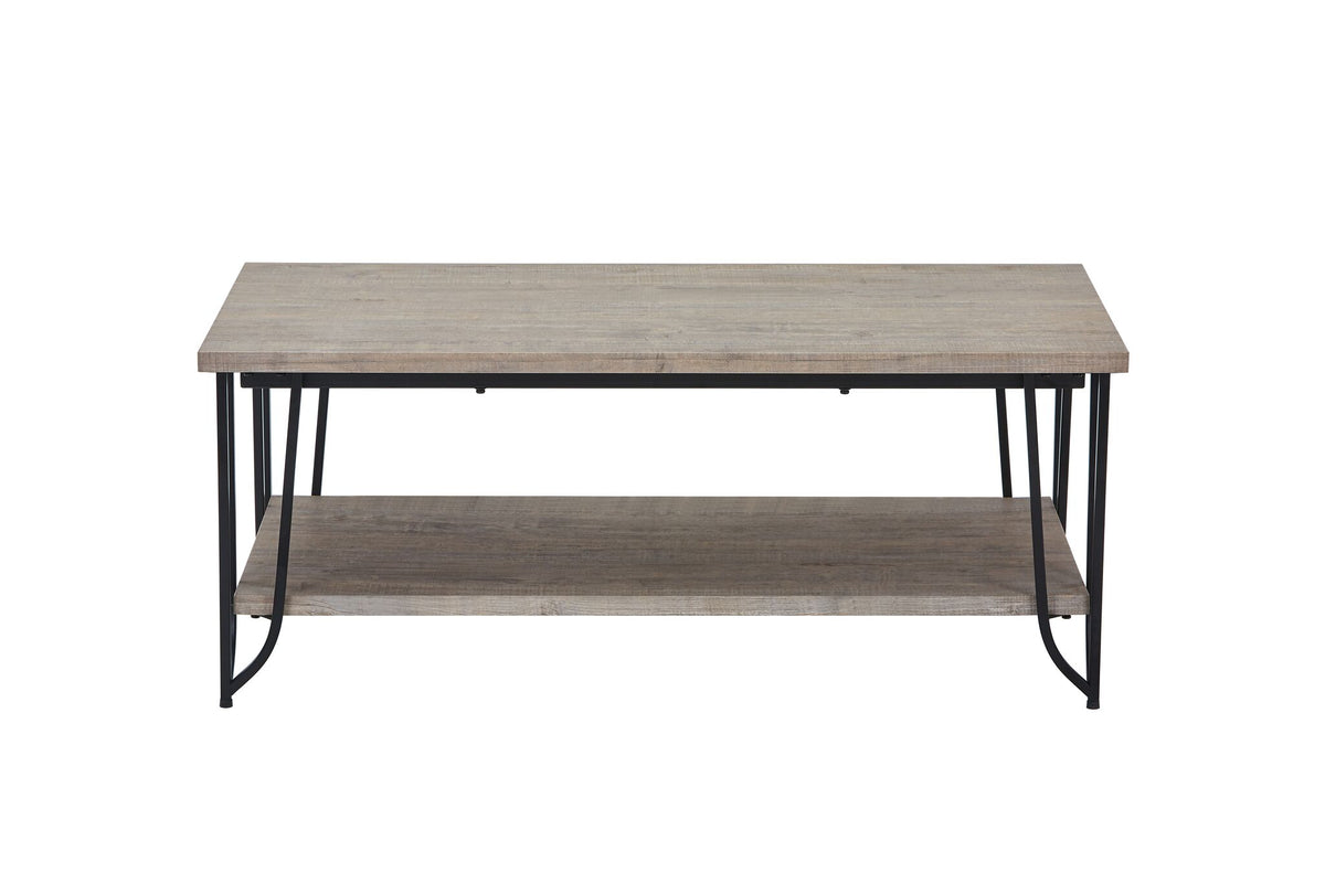 Bennet rustic oak coffee table front view with rectangular top, black metal frame and lower storage shelf