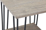 Bennet rustic oak end table close-up showing wood-look tabletop finish and slim black metal legs