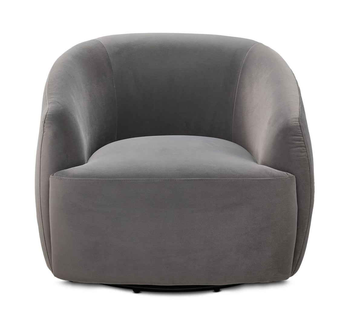 Blaire Swivel Accent Chair - Grey front view with rounded back, integrated arms, cushioned seat and swivel base