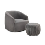 Blaire Swivel Accent Chair and Ottoman Set - Grey with curved upholstered chair and round pleated ottoman