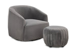 Blaire Swivel Accent Chair and Ottoman Set - Grey with curved upholstered chair and round pleated ottoman