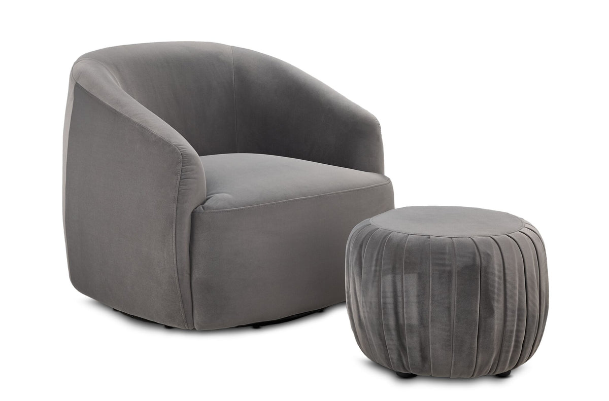 Blaire Swivel Accent Chair and Ottoman Set - Grey with curved upholstered chair and round pleated ottoman