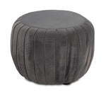 Blaire Ottoman - Grey with round upholstered top and vertical pleated detailing around the sides