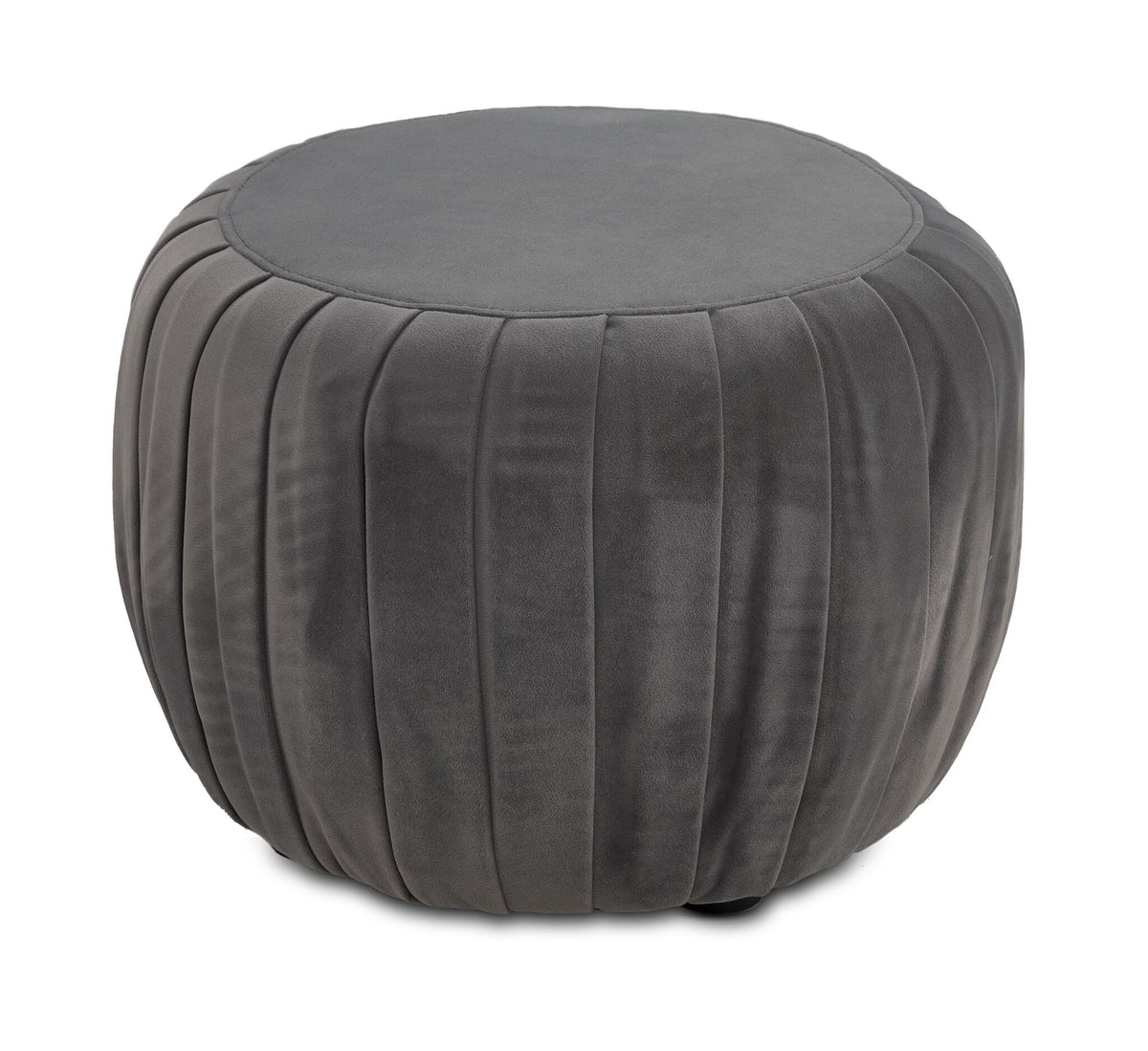 Blaire Ottoman - Grey with round upholstered top and vertical pleated detailing around the sides