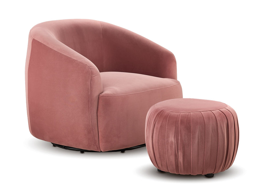 Blaire Swivel Accent Chair and Ottoman Set - Blush with a curved swivel chair and matching round pleated ottoman