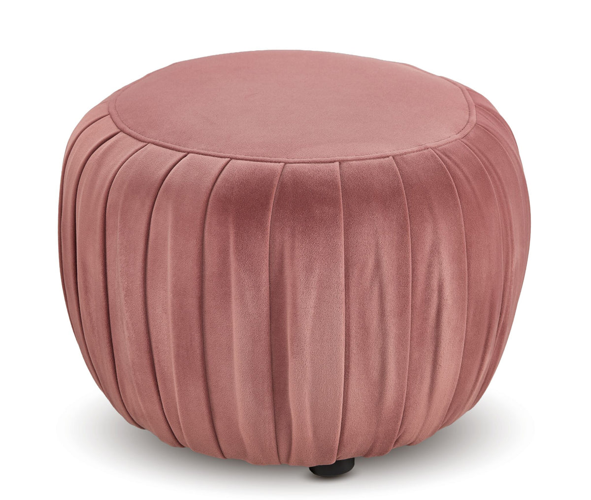 Blaire Ottoman - Blush with a round shape, pleated velvet sides and cushioned top