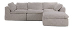 Bliss 3-piece modular beige sectional with right-facing chaise, deep cushioned seating, pillow-style backs and matching accent pillows.
