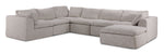 Beige Bliss 6-piece modular sectional with plush cushions, wide arms and extended chaise, shown from a three-quarter angle.