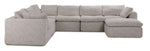 Front view of beige Bliss 6-piece modular sectional with deep cushioned seating, loose back cushions and right-side chaise.