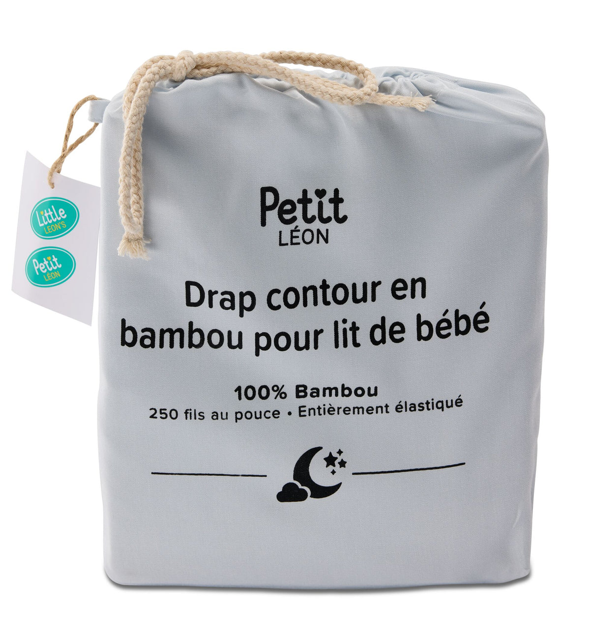 Petit Léon blue bamboo fitted crib sheet in drawstring packaging with 100% bamboo and 250 thread count details
