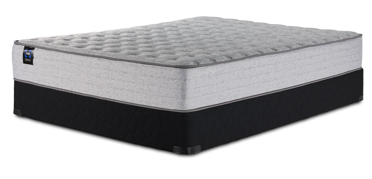 Sealy Burchelle Extra Firm Tight Top Full mattress and black boxspring set, three-quarter view