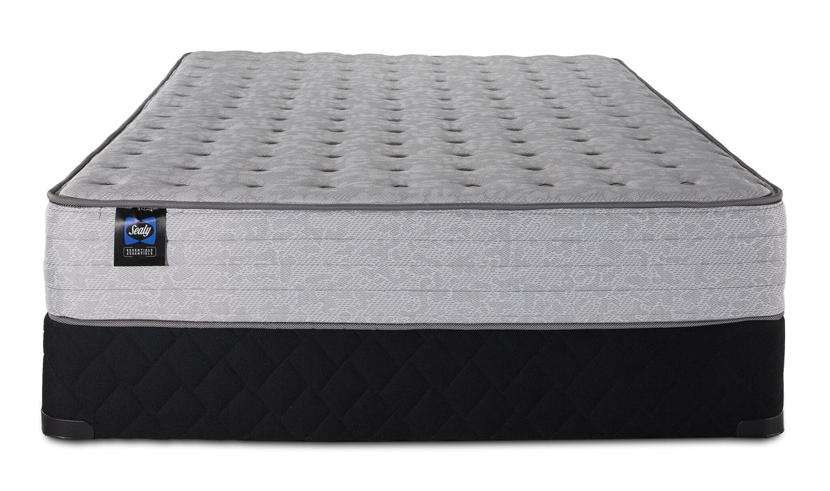 Sealy Burchelle Extra Firm Tight Top Twin mattress and black quilted boxspring set, front view